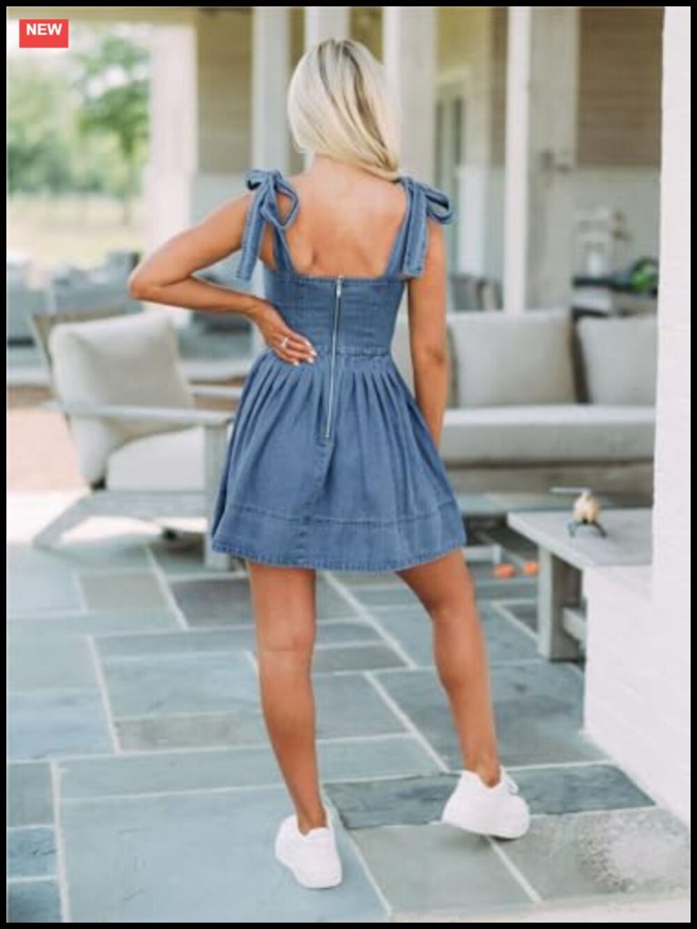 Tie Shoulder Sleeveless Denim Mini Dress Casual Flowy Swing Pleated - Picture 4 of 4